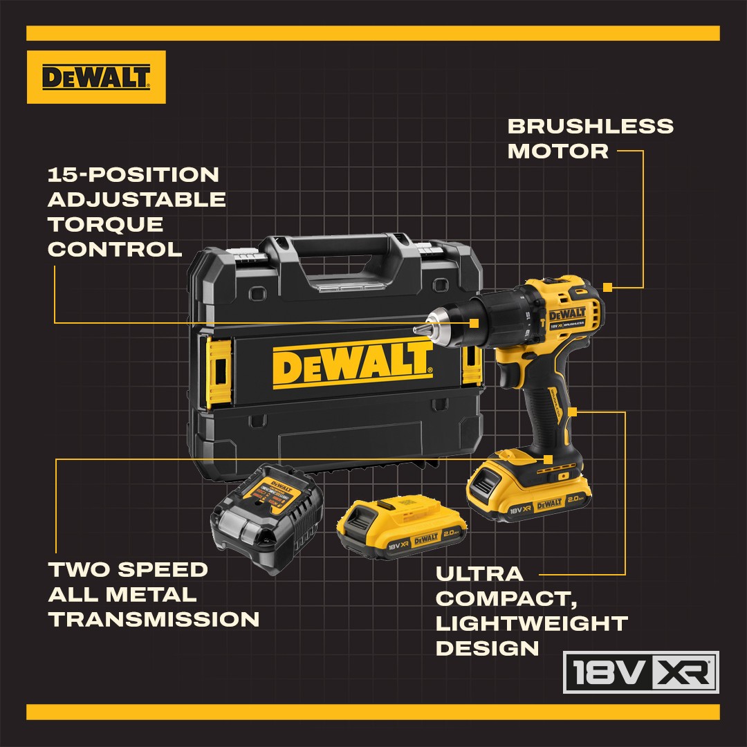 DeWalt DCD709D2T-GB 18V XR Brushless Compact Combi Drill 2 x 2.0Ah